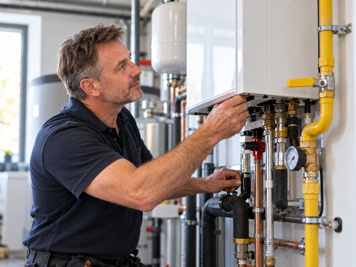 Installateur prüft eine Gas-Brennwerttherme